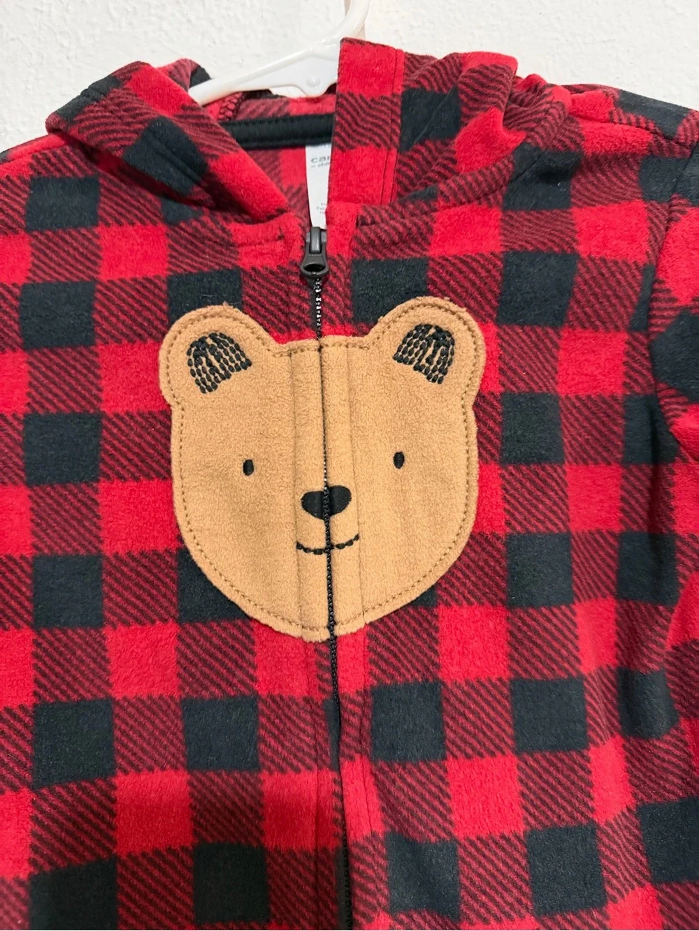 Red & Black Teddy Bear Plaid Hooded Zip-Up fleece